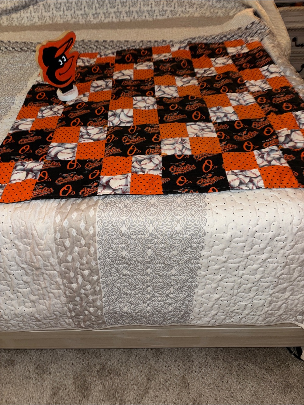 Patchwork Throw Blanket - Orange & Black Also Hand Carved Oriole Bird Statue